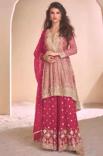 new rani pink high low style wedding wear georgette salwar suit for women