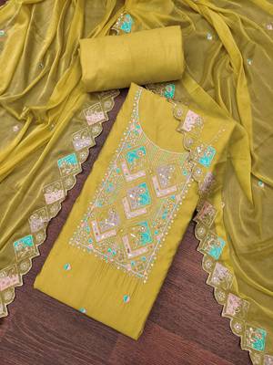 Women's yellow thread sequence embroidery pure cotton silk dress material 3