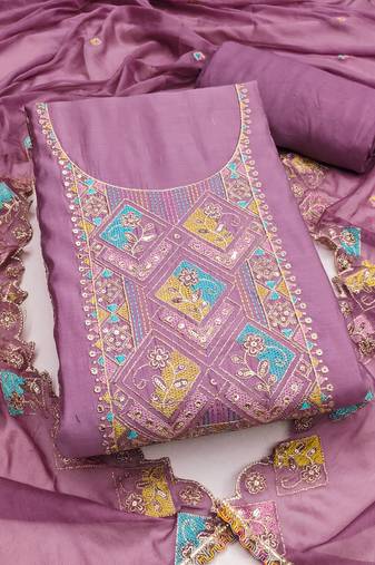 Women's levender unstitched thread sequence embroidery pure cotton silk dress material 
