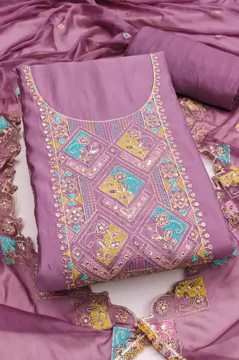 Women's levender unstitched thread sequence embroidery pure cotton silk dress material 