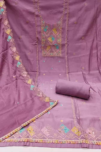 Women's levender thread sequence embroidery pure cotton silk dress material