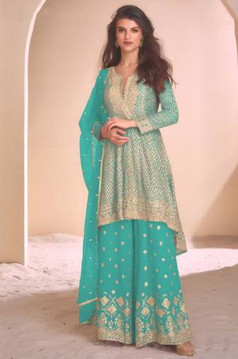 new sky blue high low style wedding wear georgette salwar suit for women