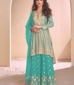new sky blue high low style wedding wear georgette salwar suit for women
