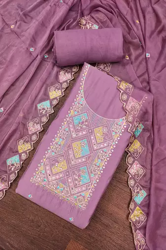 Women's levender thread sequence embroidery pure cotton silk dress material