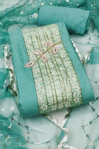 Women's sea green unstitched heavy handwork pure cotton banarasi dress material 