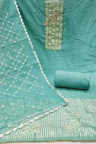 Women's sea green heavy handwork pure cotton banarasi dress material