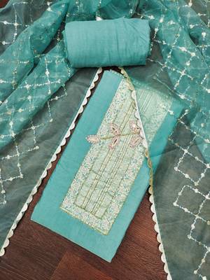 Women's sea green heavy handwork pure cotton banarasi dress material 3