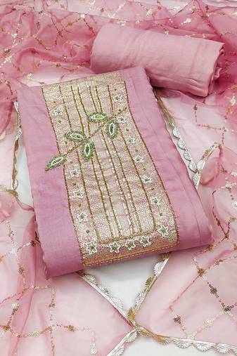 Women's baby pink unstitched heavy handwork pure cotton banarasi dress material 