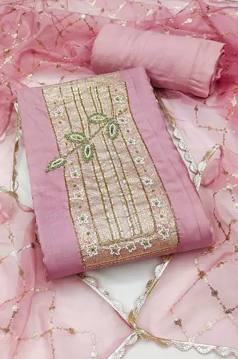 Women's baby pink unstitched heavy handwork pure cotton banarasi dress material 