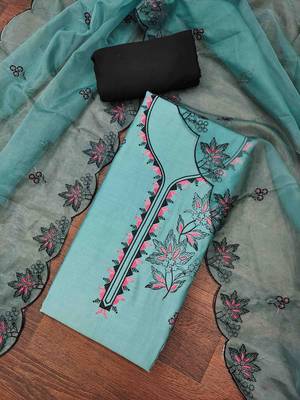 Sky blue cotton silk embroidered unstitched dress material 2