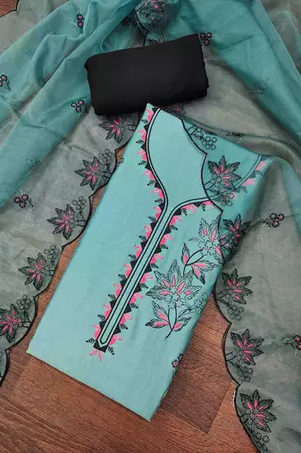 Sky blue cotton silk embroidered unstitched dress material