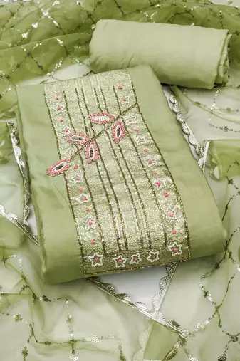Women's light green unstitched heavy handwork pure cotton banarasi dress material 