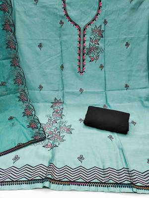 Sky blue cotton silk embroidered unstitched dress material 4