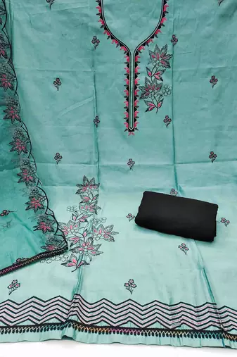 Sky blue cotton silk embroidered unstitched dress material