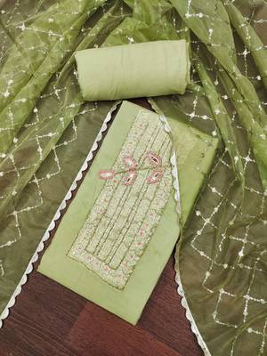 Women's light green heavy handwork pure cotton banarasi dress material 3