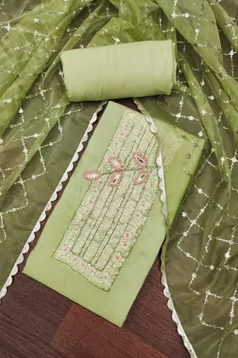 Women's light green heavy handwork pure cotton banarasi dress material