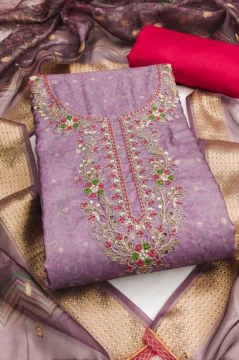 Women's purple unstitched weaving & handwork banarasi cotton dress material 