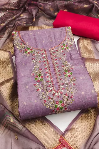 Women's purple unstitched weaving & handwork banarasi cotton dress material 