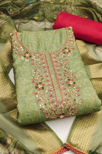 Women's light green unstitched weaving & handwork banarasi cotton dress material 