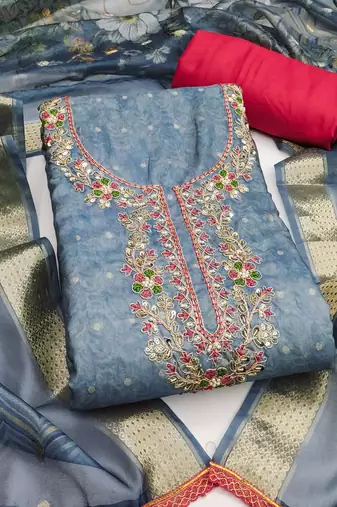Women's grey unstitched weaving & handwork banarasi cotton dress material 
