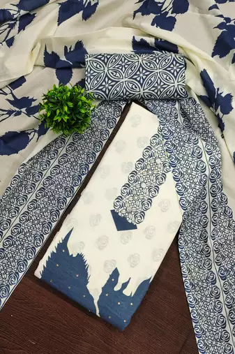 Women's multi unstitched print and daimond work cotton dress material 
