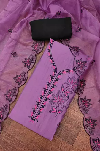 Lavender cotton silk embroidered unstitched dress material