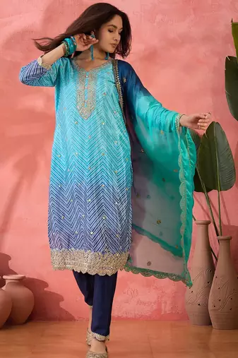 Women's blue colour kurta set traditional stitched top bottom & dupatta 
