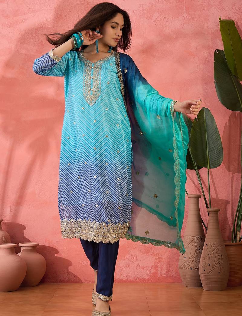 Women's blue colour kurta set traditional stitched top bottom & dupatta 