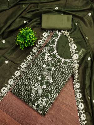 Women's mehandi heavy thread embroidery & daimond work georgette dress material 1