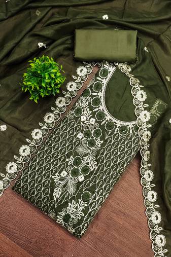 Women's mehandi unstitched heavy thread embroidery & daimond work georgette dress material 