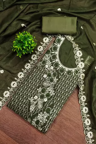 Women's mehandi unstitched heavy thread embroidery & daimond work georgette dress material 