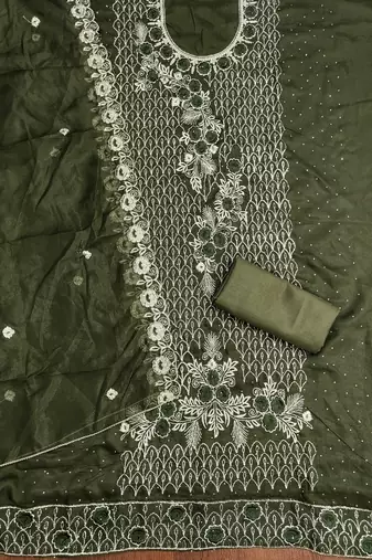Women's mehandi heavy thread embroidery & daimond work georgette dress material