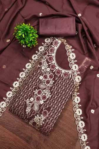 Women's purple unstitched heavy thread embroidery & daimond work georgette dress material 