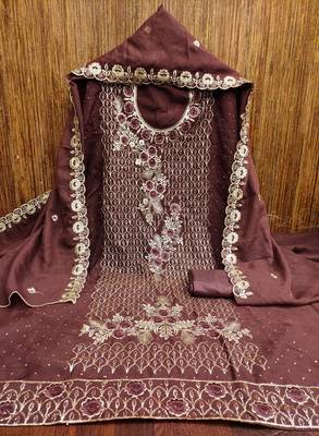 Women's purple heavy thread embroidery & daimond work georgette dress material 3