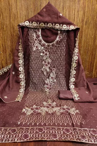 Women's purple heavy thread embroidery & daimond work georgette dress material