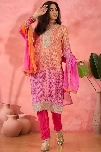 Women's pink colour kurta set traditional stitched top bottom & dupatta 