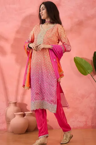 Women's pink colour kurta set traditional stitched top bottom & dupatta