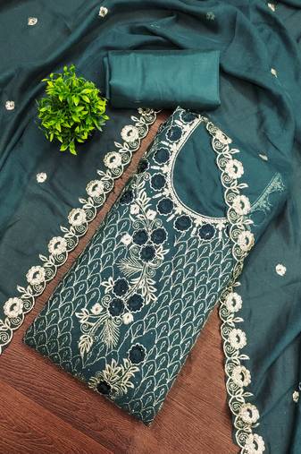 Women's sea green unstitched heavy thread embroidery & daimond work georgette dress material 