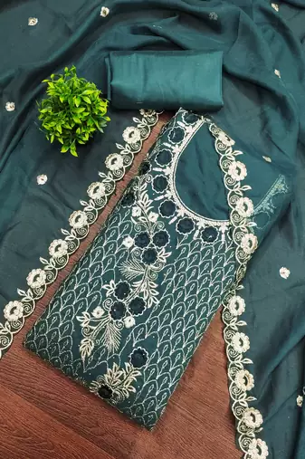 Women's sea green unstitched heavy thread embroidery & daimond work georgette dress material 