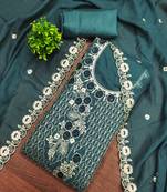 Women's sea green unstitched heavy thread embroidery & daimond work georgette dress material