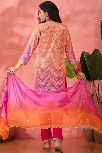 Women's pink colour kurta set traditional stitched top bottom & dupatta