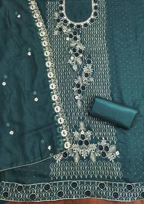 Women's sea green heavy thread embroidery & daimond work georgette dress material 2