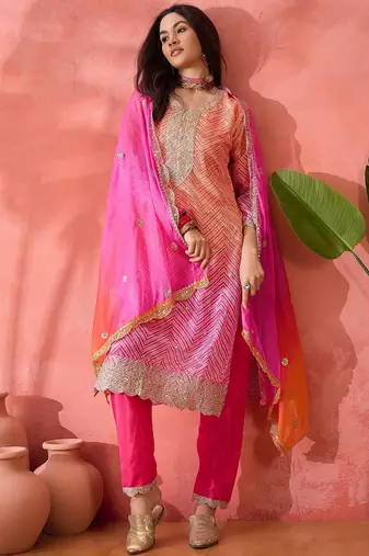 Women's pink colour kurta set traditional stitched top bottom & dupatta