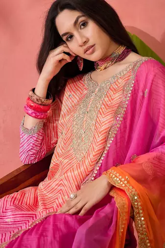 Women's pink colour kurta set traditional stitched top bottom & dupatta