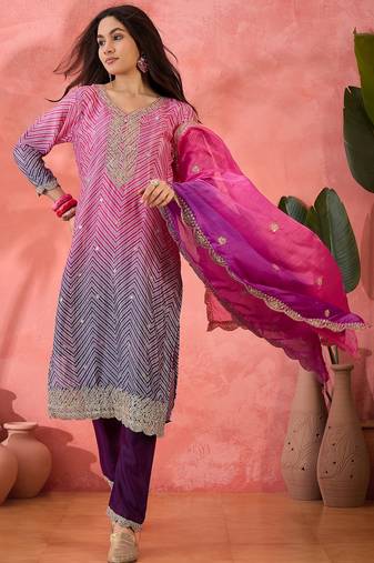 Women's lavender colour kurta set traditional stitched top bottom & dupatta 