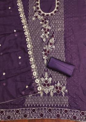 Women's voilet heavy thread embroidery & daimond work georgette dress material 2
