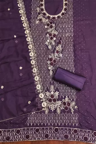 Women's voilet heavy thread embroidery & daimond work georgette dress material