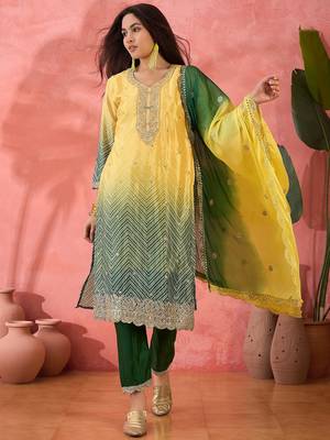 Women's yellow colour kurta set traditional stitched top bottom & dupatta 1