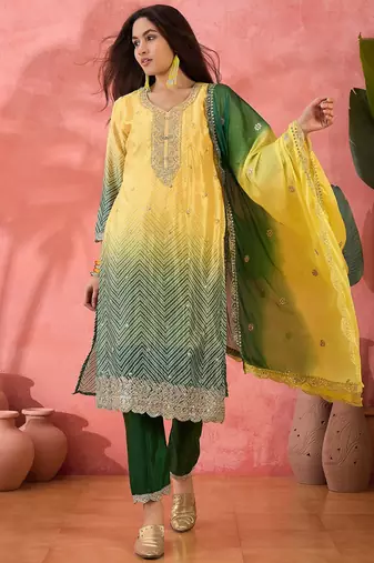 Women's yellow colour kurta set traditional stitched top bottom & dupatta 
