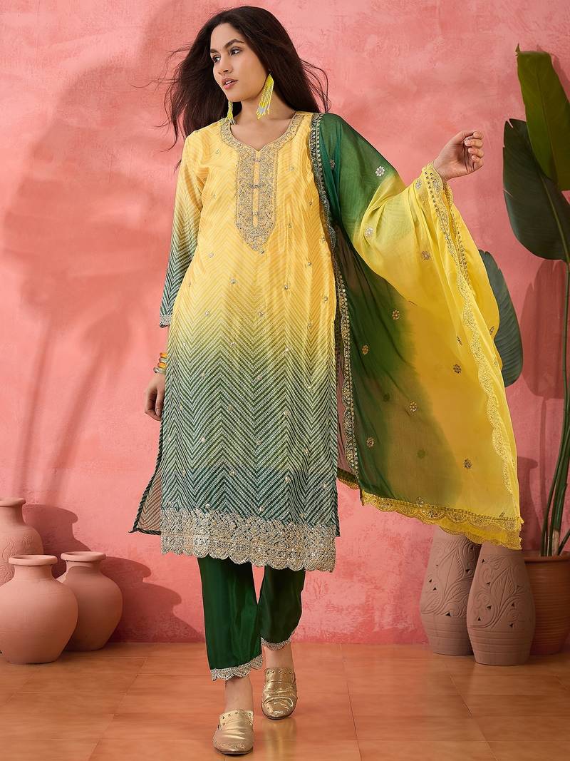 Women's yellow colour kurta set traditional stitched top bottom & dupatta 